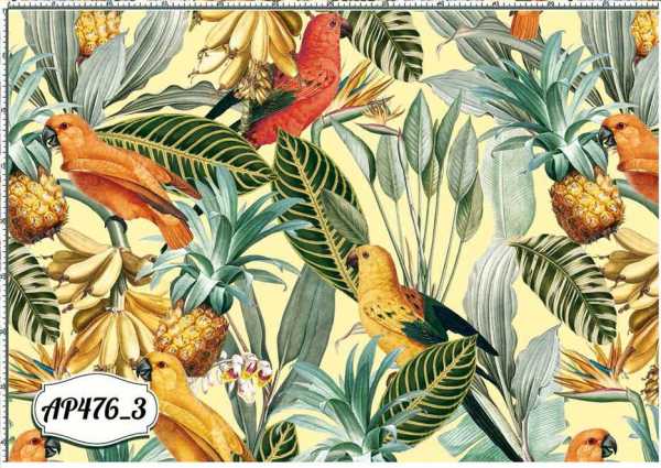 Druk na tkaninie- papugi na tle tropikalnych owoców i liści palmowych