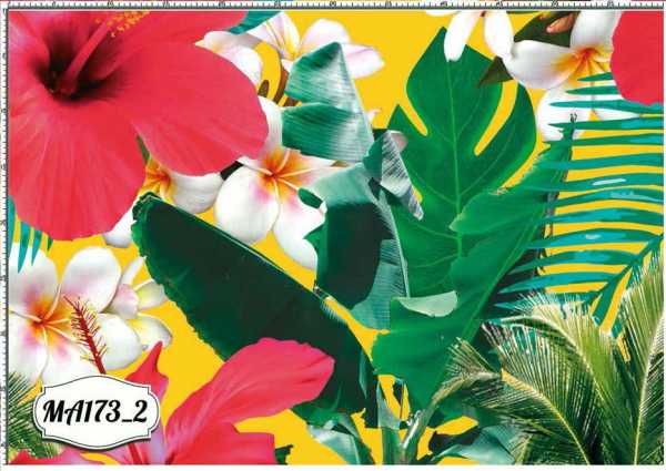 Zdjęcie prezentujące wzór do nadruku na tkaninach oraz dzianinach poliestrowych w motyw tropikalnych kwiatów i liści palm na żółtym tle