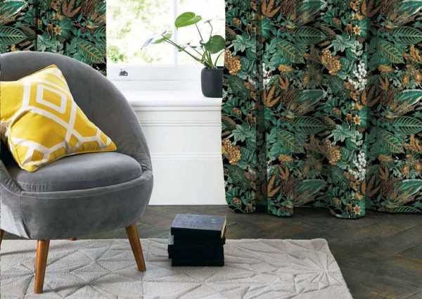 Zdjęcie przedstawiające wizualizację wzoru do druku na tkaninach zasłonowych, dekoracyjnych, brązowe i białe kwiaty oraz zielone liście