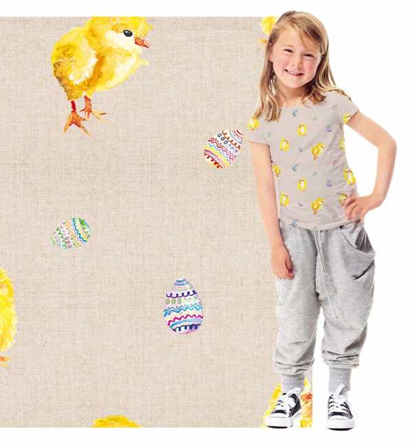 Druk na tkaninie- wielkanocne kolorowe pisanki i kurczaczki 