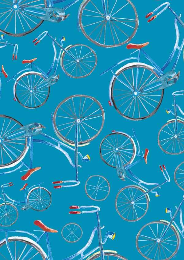 Druk na tkaninie- kolorowe rowery na tle w kolorze niebieskim
