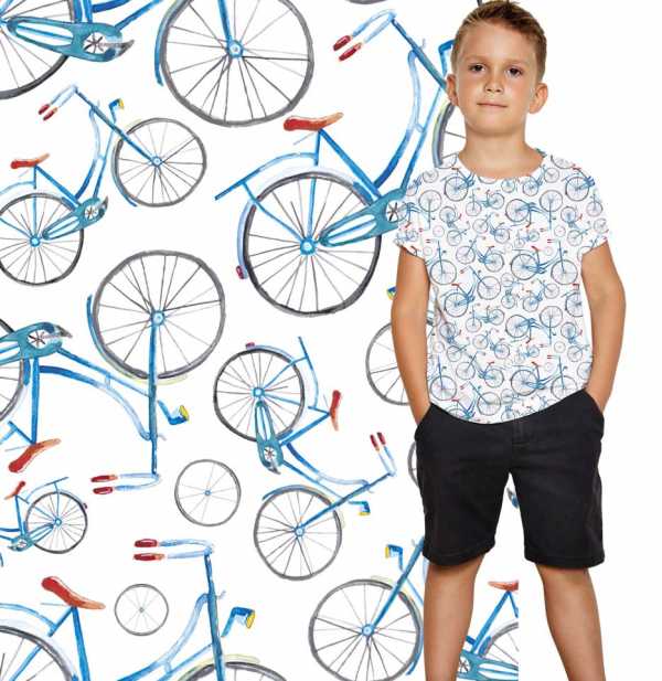 Druk na tkaninie- niebieskie rowery na bieli