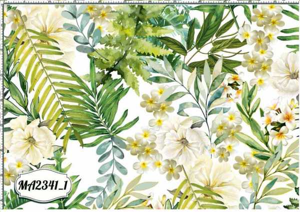 Druk na tkaninie- kremowe kwiaty i liście palmowe na bieli