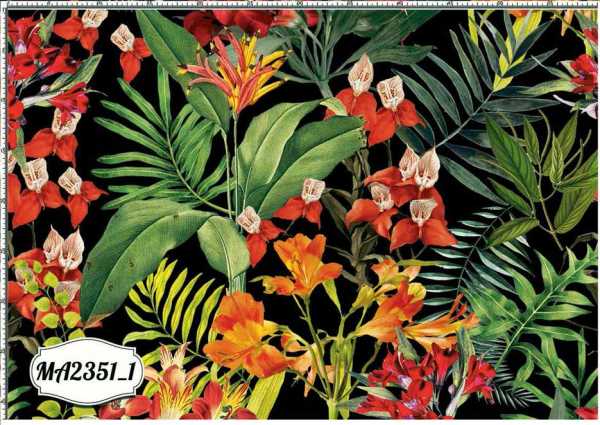 Druk na tkaninie- czerwone i pomarańczowe kwiaty oraz tropikalne liście na czerni