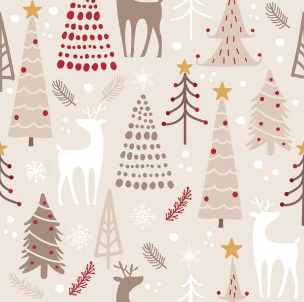 Druk na tkaninie- świąteczne jelonki i choinki w beżu, czerwieni i bieli 