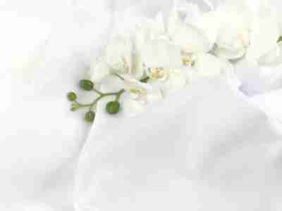 Zdjęcie prezentujące białą tkaninę wodoodporną Oxford na tle kwiatu storczyka
