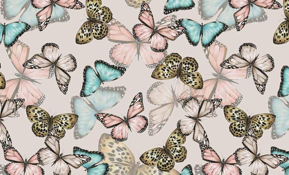 Zdjęcie prezentujące wzór do druku na tkaniny i dzianiny poliestrowe w kolorowe motyle na tle w kolorze beżowym