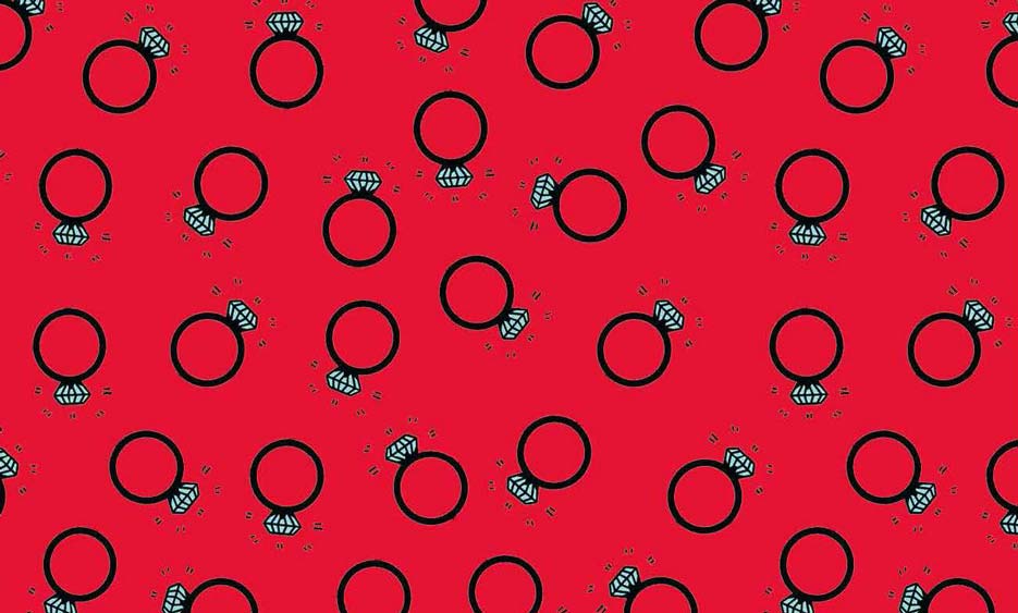Zdjęcie przedstawiające wzór do nadruku na tkaniny i dzianiny, pierścionki z diamentami na czerwonym tle