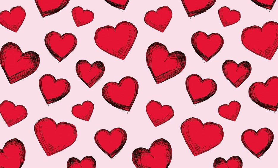 Zdjęcie przedstawiające wzór w rysowane czerwone serca na tle w kolorze różowym, motyw do druku na tkaninach poliestrowych