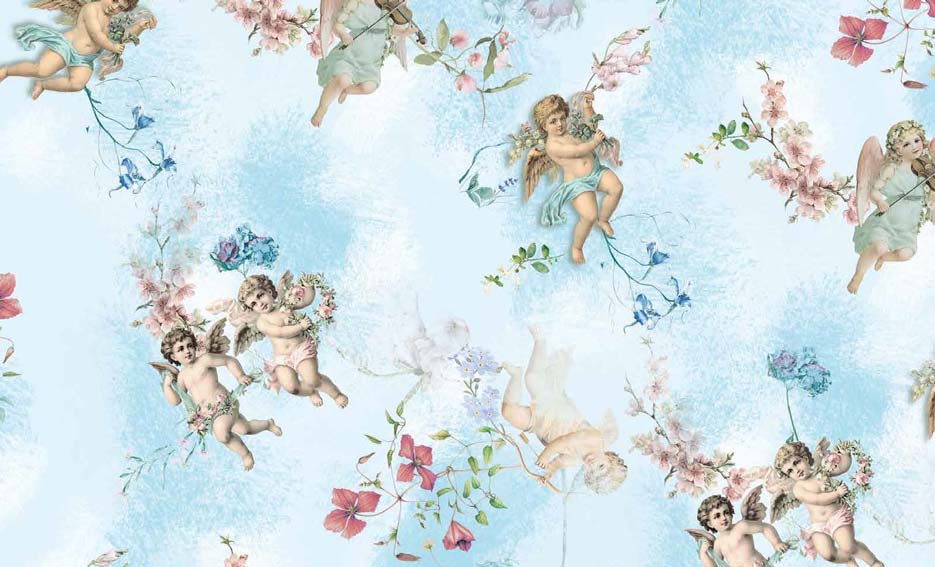 Zdjęcie przedstawiające wzór do druku na tkaninach, dzianinach z motywem aniołków na tle w kolorze niebieskim