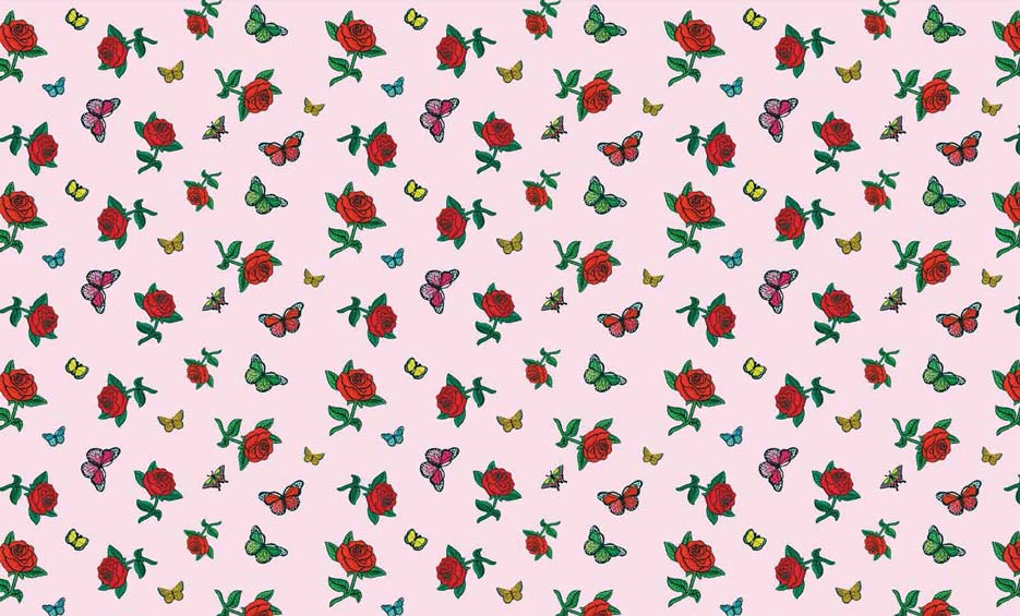 Zdjęcie przedstawiające wzór do druku na tkaniny i dzianiny w motylki oraz czerwone róże na różowym tle