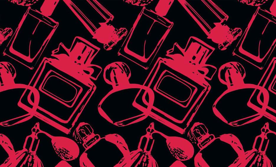 Zdjęcie prezentujące wzór do nadruku na tkaniny i dzianiny, flakony perfum w kolorze czerwonym na czarnym tle