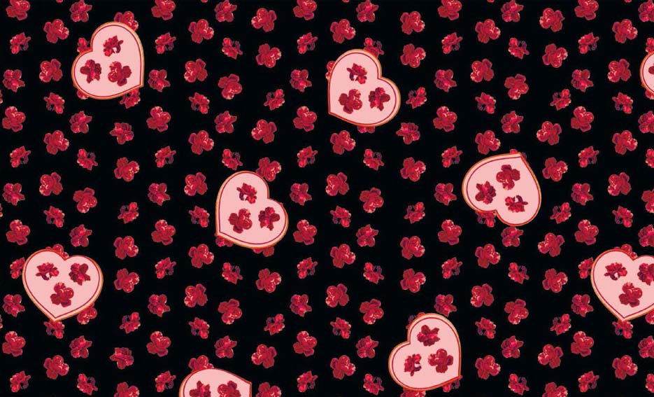Zdjęcie prezentujące wzór do nadruku na materiałach w czerwone goździki i różowe serca na tle w kolorze czarnym