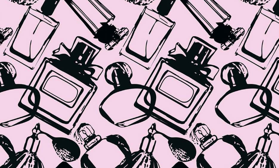 Zdjęcie przedstawiające wzór do druku na tkaniny i dzianiny flakony perfum w kolorze czarnym na różowym tle
