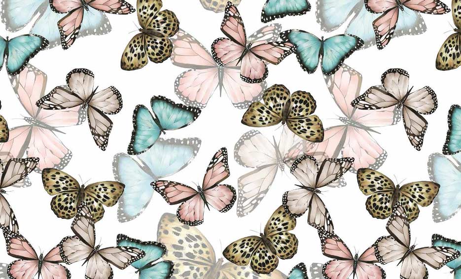 Zdjęcie prezentujące wzór do nadruku na tkaniny i dzianiny w kolorowe motyle na białym tle
