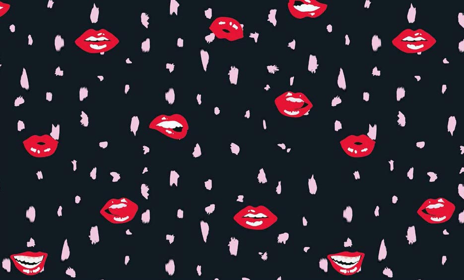 Zdjęcie prezentujące wzór do nadruku na tkaninach poliestrowych w czerwone usta i różowe plamki na czarnym tle