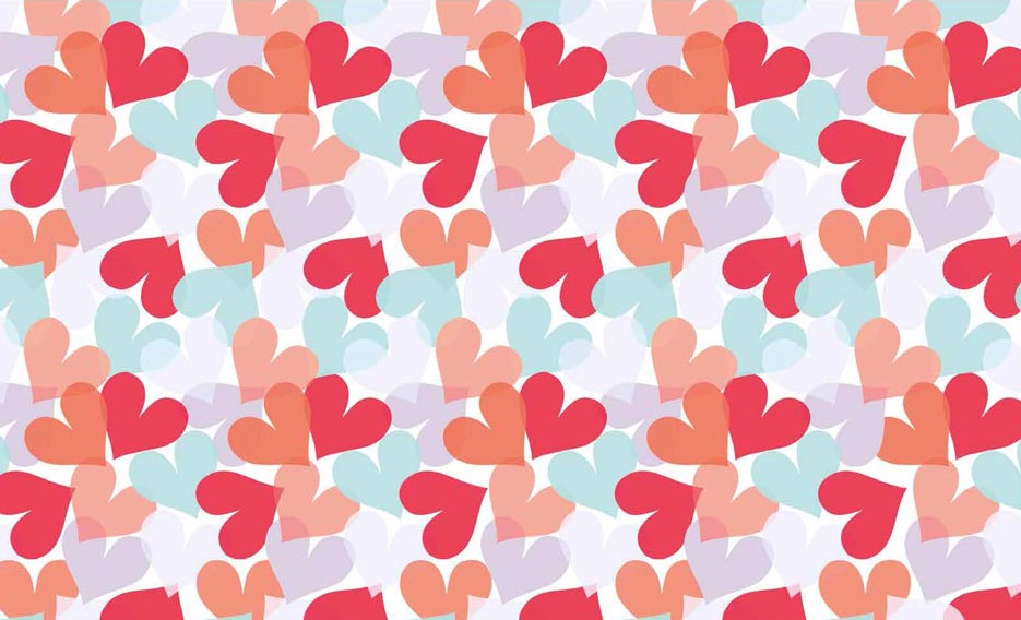 Zdjęcie prezentujące wzór do druku na tkaniny w kolorowe serca na białym tle, odcienie czerwieni, pomarańczu, niebieskiego i fioletu