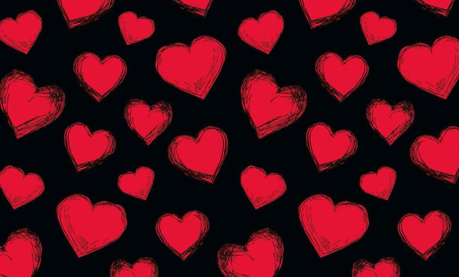 Zdjęcie przedstawiające wzór w rysowane czerwone serca na tle w kolorze czarnym, motyw do druku na tkaninach i dzianinach 