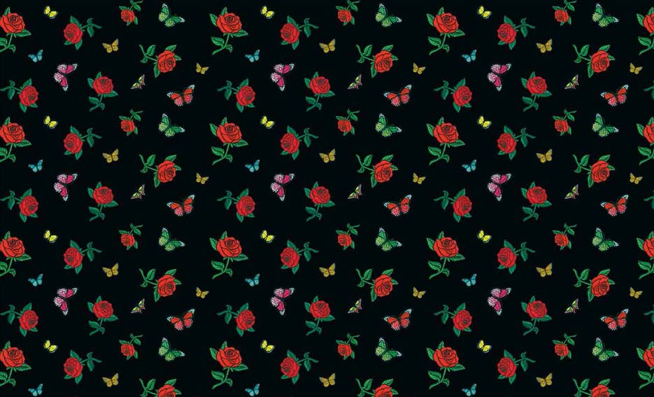 Zdjęcie przedstawiające wzór do nadruku na tkaniny i dzianiny w czerwone róże oraz kolorowe motyle na tle w kolorze czarnym