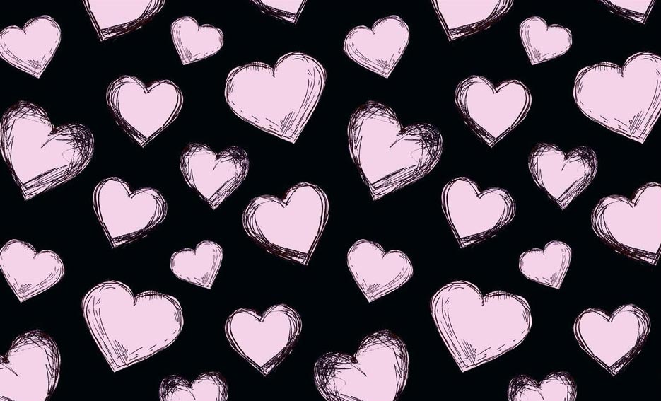 Zdjęcie przedstawiające wzór w rysowane różowe serca na tle w kolorze czarnym, motyw do druku na materiałach poliestrowych
