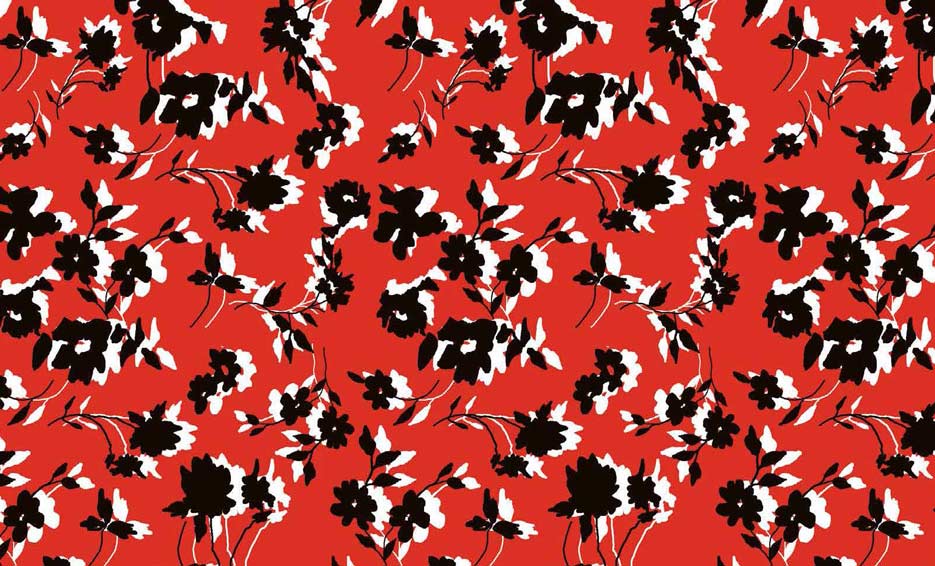 Zdjęcie przedstawiające wzór do druku na tkaniny i dzianiny w czarno-białe kwiaty na czerwonym tle