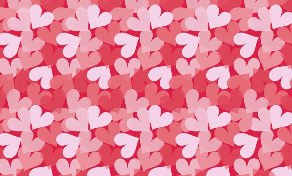Zdjęcie prezentujące wzór do nadruku na tkaniny w różowe serca na czerwonym tle, motyw na walentynki