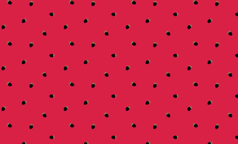 Zdjęcie prezentujące wzór do nadruku na materiały poliestrowe w czarne poziomki na tle w kolorze czerwonym