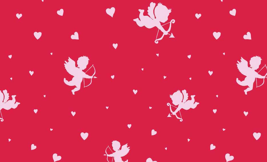 Zdjęcie przedstawiające wzór do druku na tkaninach poliestrowych z różowymi aniołkami i serduszkami na czerwonym tle