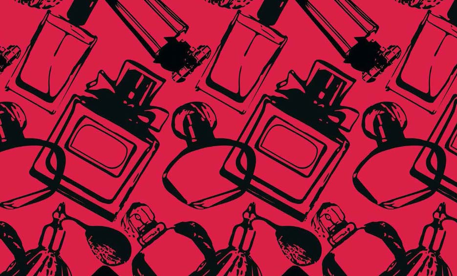 Zdjęcie przedstawiające wzór do nadruku na tkaniny i dzianiny, flakony perfum w kolorze czarnym na czerwonym tle