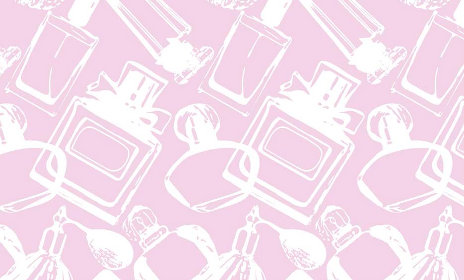 Zdjęcie prezentujące wzór do druku na tkaniny i dzianiny flakony perfum w kolorze białym na różowym tle