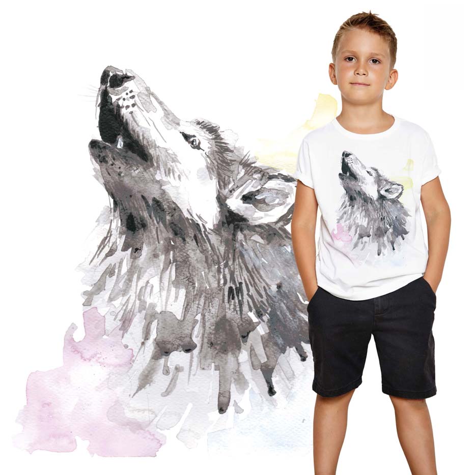 Zdjęcie prezentujące wzór do nadruku na tkaninach poliestrowych, motyw z malowanym wilkiem na bieli