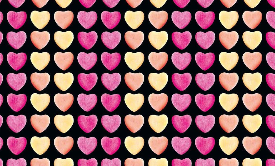 Zdjęcie przedstawiające wzór do nadruku na tkaniny i dzianiny w serca, odcienie różu, pomarańczu, żółtego na czarnym tle
