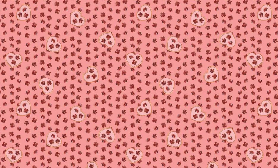 Zdjęcie przedstawiające wzór do druku na tkaninach w czerwone goździki i serca na różowym tle