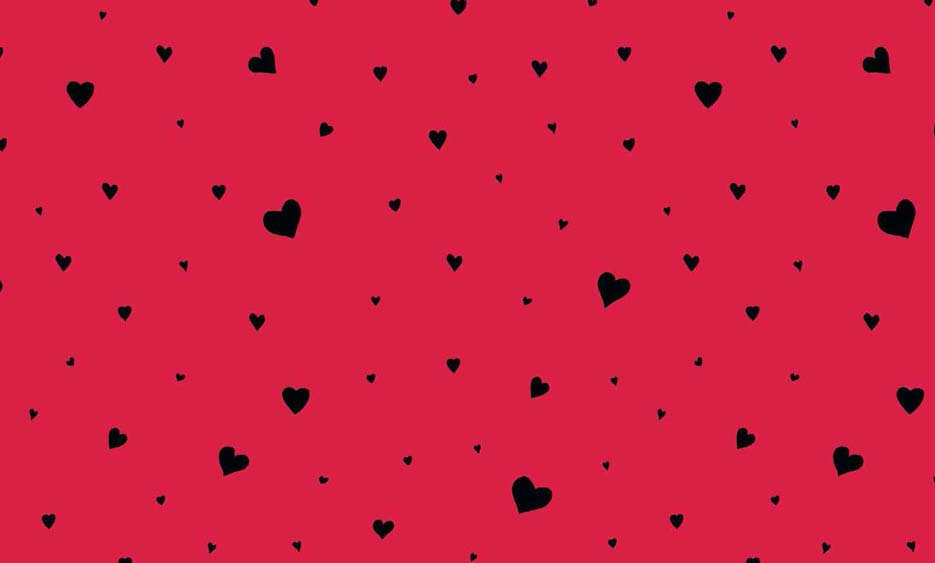 Zdjęcie prezentujące wzór do druku na tkaniny, czarne serca na tle w kolorze czerwonym