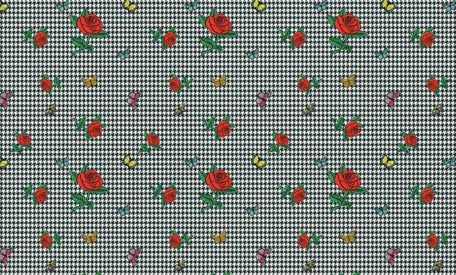 Zdjęcie przedstawiające wzór do druku na tkaniny w czerwone róże oraz motyle na tle w pepitkę
