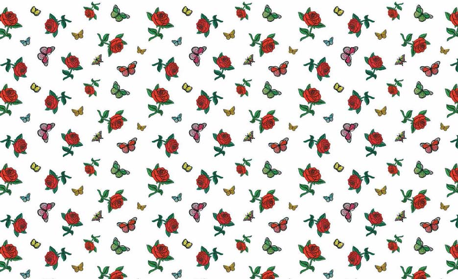 Zdjęcie przedstawiające wzór do druku na tkaniny i dzianiny z motywem czerwonych róż i kolorowych motyli na białym tle