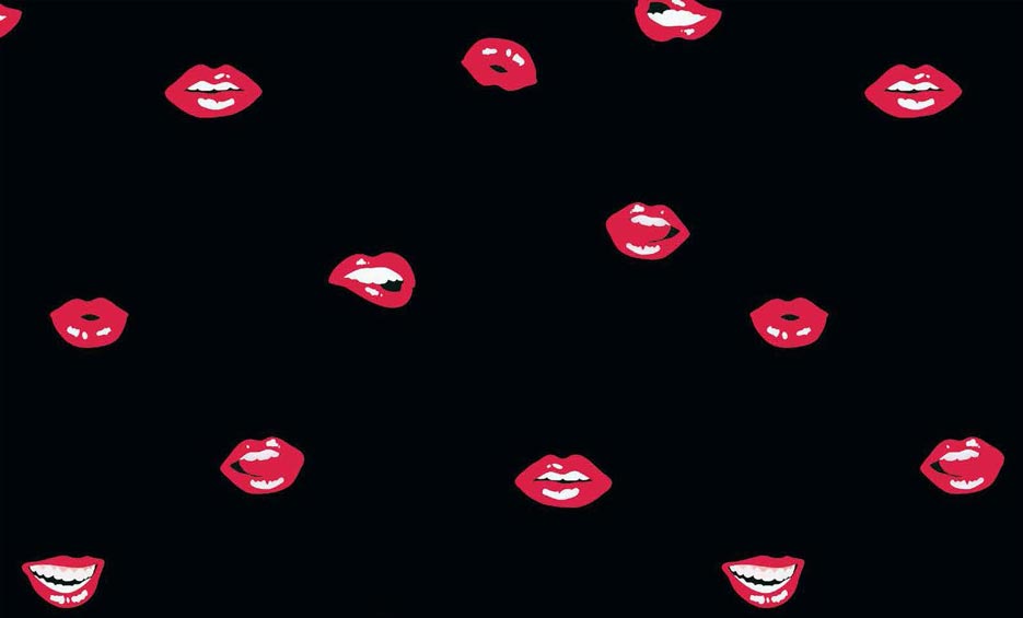 Zdjęcie przedstawiające wzór do nadruku na tkaninach i dzianinach w czerwone usta na tle w kolorze czarnym