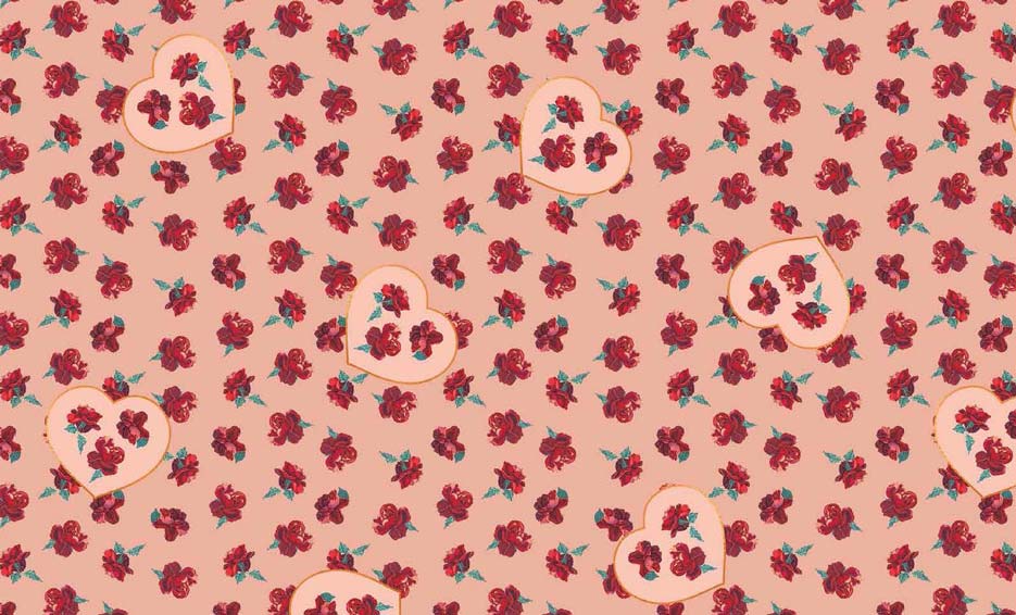 Zdjęcie prezentujące wzór do druku na tkaninach w czerwone goździki i różowe serca na tle w kolorze koralowym