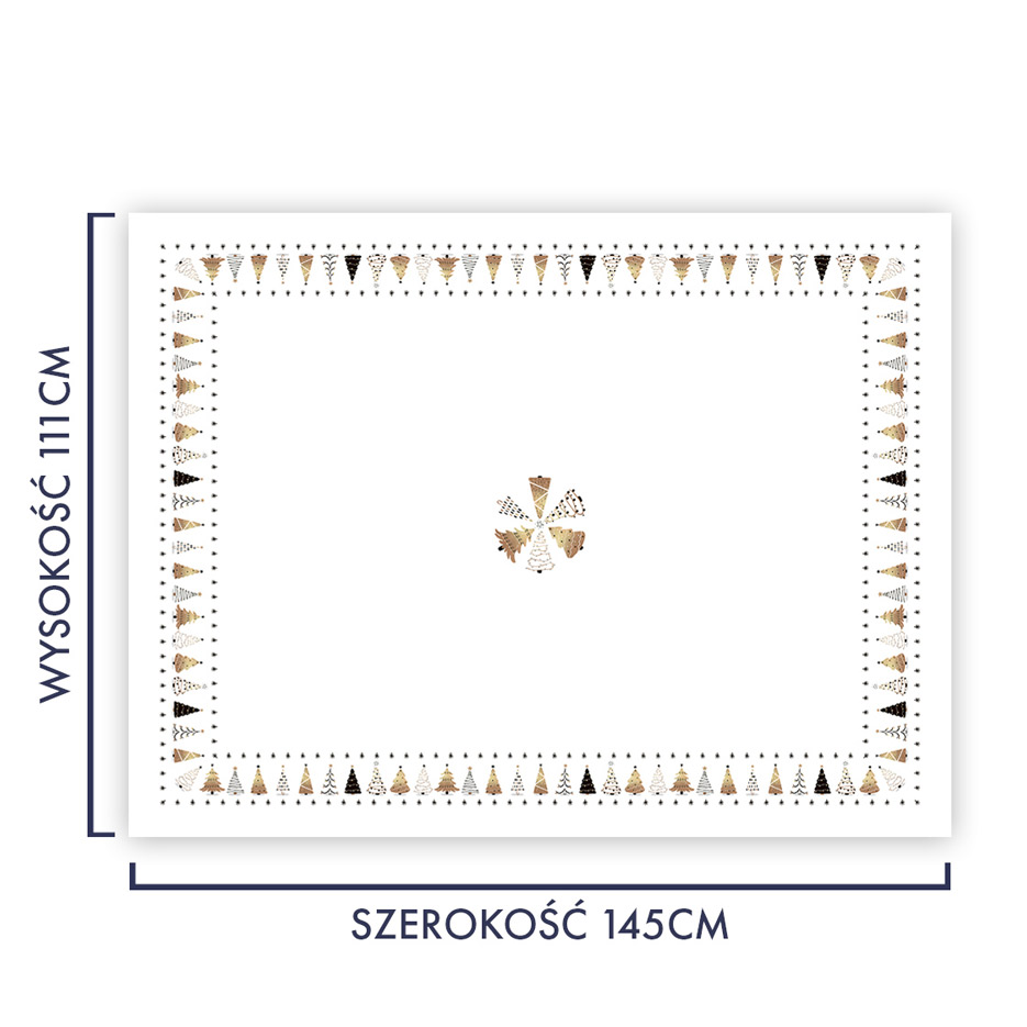 Zdjęcie przedstawiające wzór do nadruku na tkaninie obrusowej, motyw świąteczny z choinkami w odcieniach złota, srebra i czerni