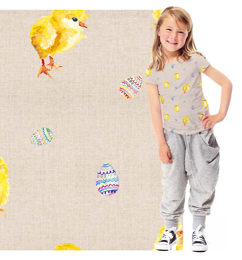 Zdjęcie przedstawiające wzór do druku na tkaninach poliestrowych z kolorowymi wielkanocnymi pisankami i kurczaczkami