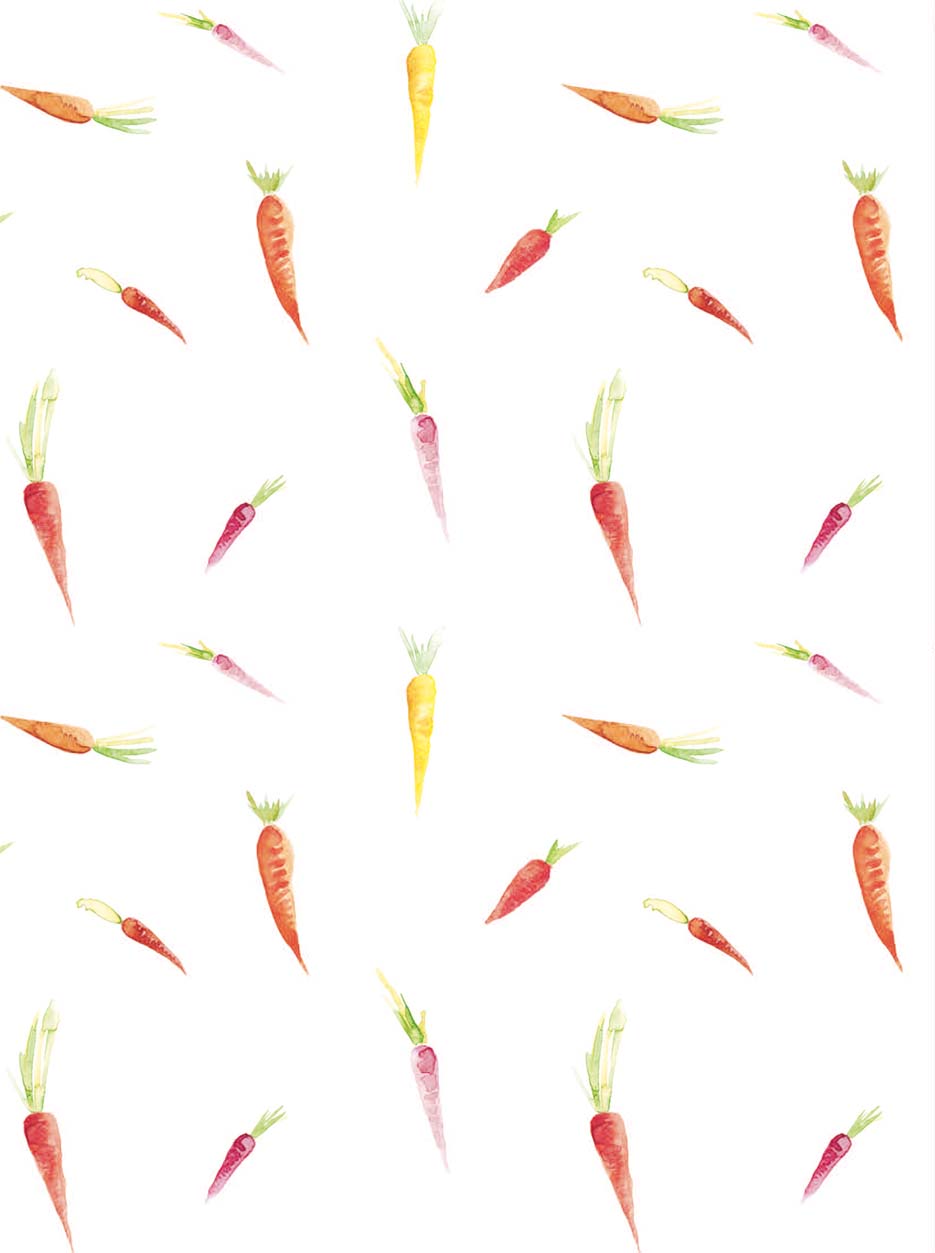 Zdjęcie prezentujące wzór do nadruku na tkaniny z malowanymi, kolorowymi marchewkami