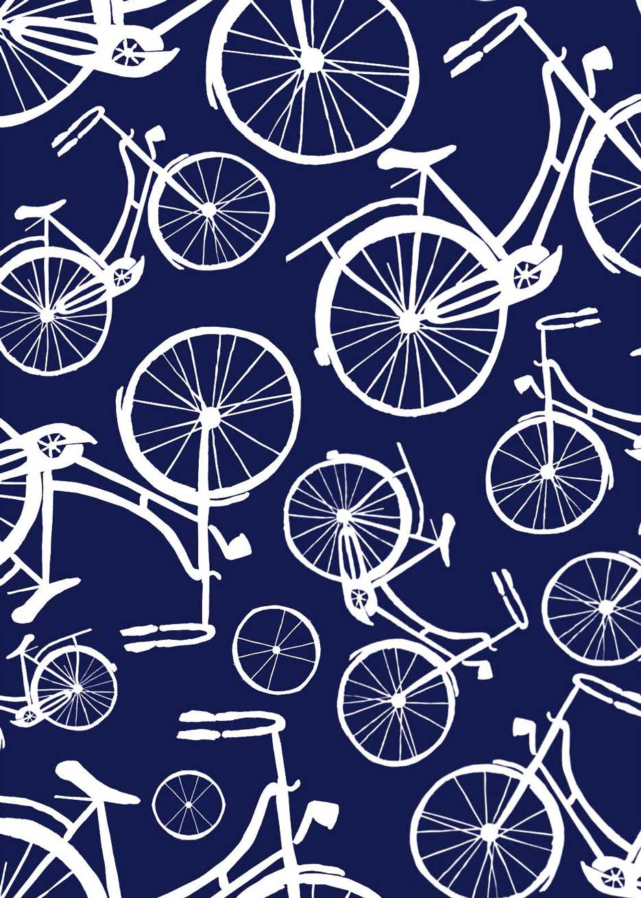 Zdjęcie prezentujące wzór do druku na tkaninach oraz dzianinach, motyw na wiosnę, dziecięcy- białe rowery na tle w kolorze granatowym