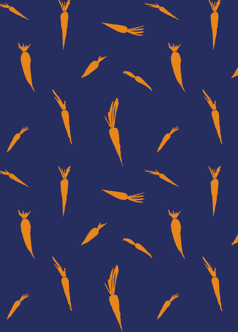 Zdjęcie prezentujące wzór do nadruku na tkaniny i dzianiny z pomarańczowymi marchewkami na granatowym tle