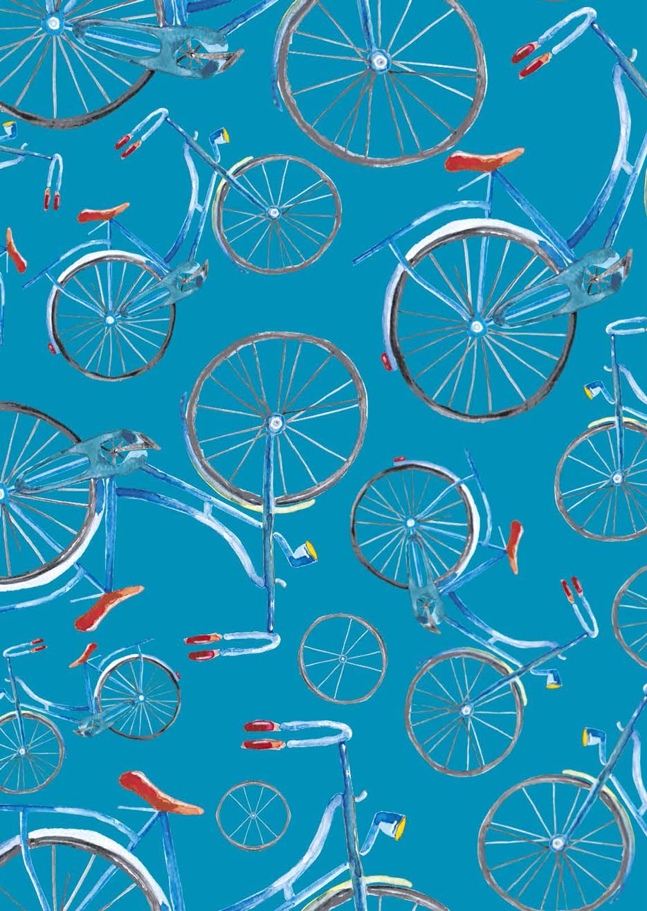 Zdjęcie przedstawiające wzór do nadruku na tkaninach oraz dzianinach, motyw na wiosnę, dziecięcy- kolorowe rowery na tle w kolorze niebieskim 