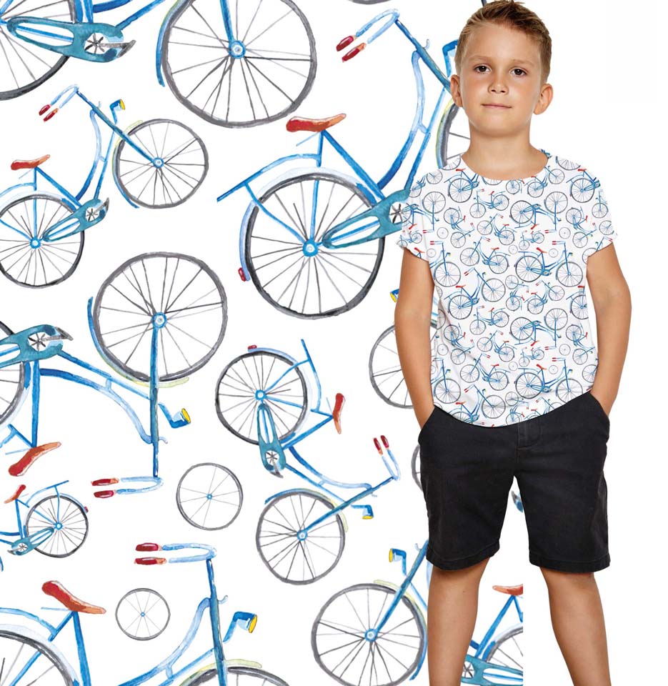 Zdjęcie prezentujące wzór do nadruku na tkaninach oraz dzianinach, motyw na wiosnę, dziecięcy- niebieskie rowery na tle w kolorze białym