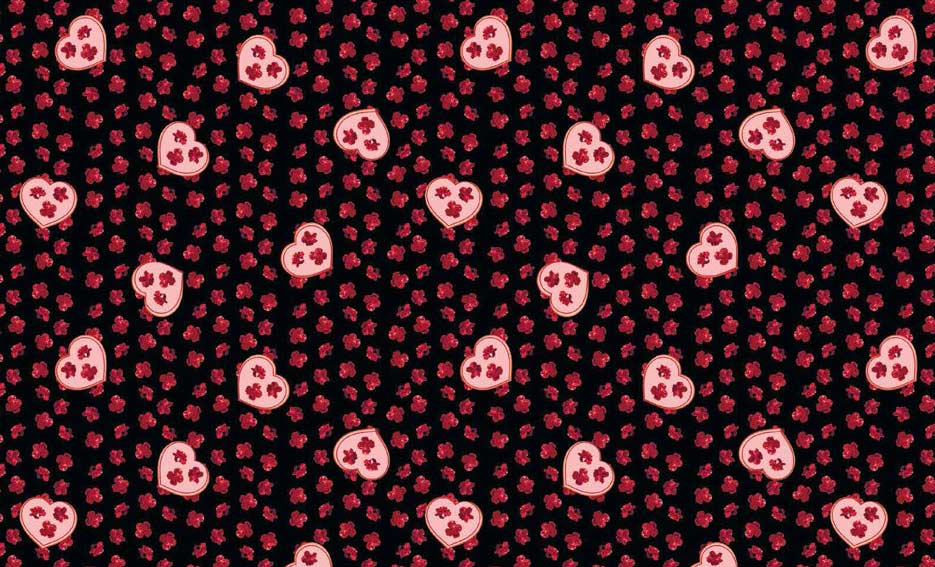 Zdjęcie przedstawiające wzór do druku na tkaninach w czerwone goździki i różowe serca na tle w kolorze czarnym