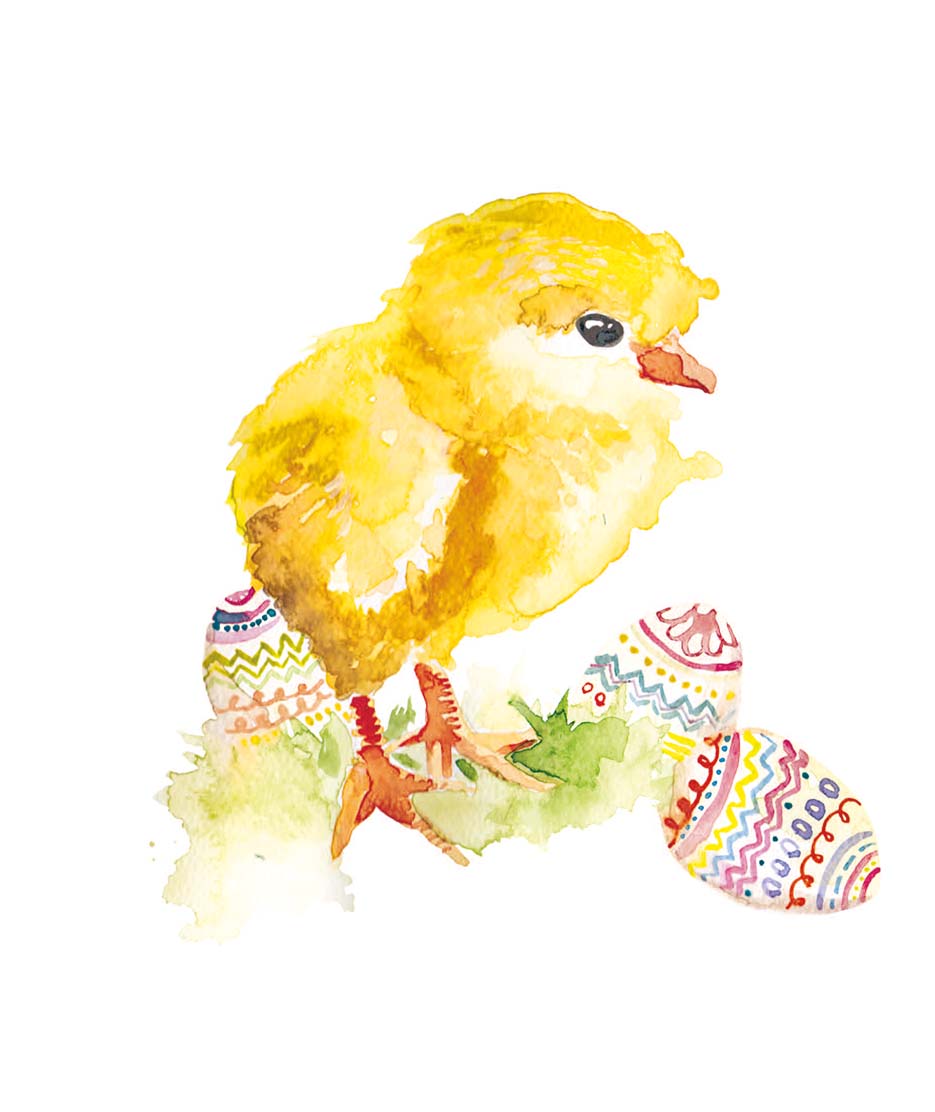 Zdjęcie prezentujące wzór do nadruku na tkaniny poliestrowe z wielkanocnym kurczaczkiem i pisankami